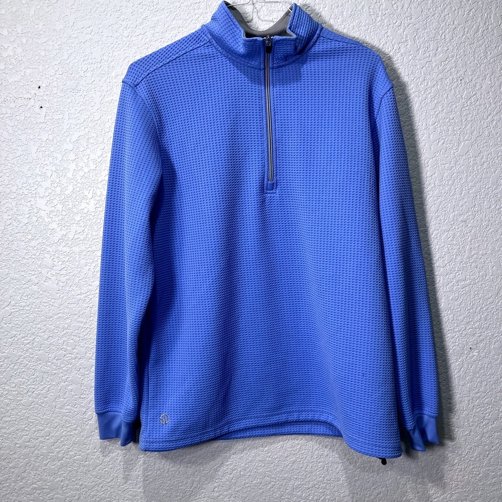 Straight Down Pullover Mens L Blue Waffle Knit Quarter Zip Performance Vent Hem